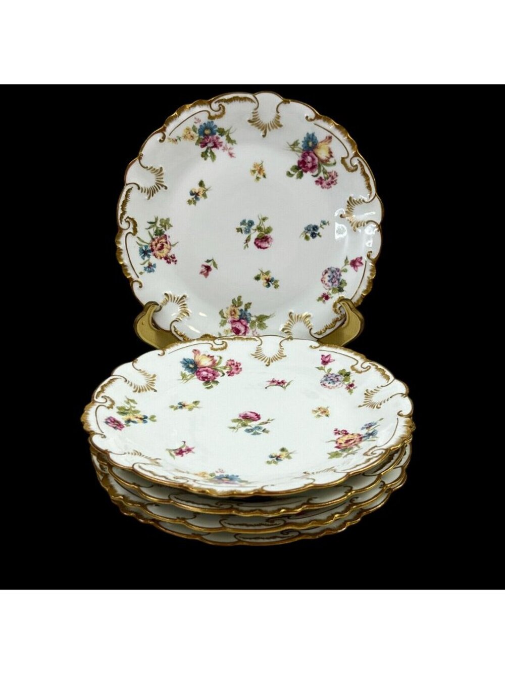 Vtg Limoges GDA Burley & Co Salad Plates Set 5 Gilded Floral France Signed 8.25"